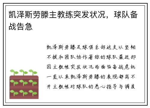 凯泽斯劳滕主教练突发状况，球队备战告急