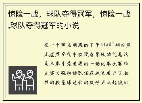 惊险一战，球队夺得冠军，惊险一战,球队夺得冠军的小说