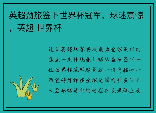 英超劲旅签下世界杯冠军，球迷震惊，英超 世界杯