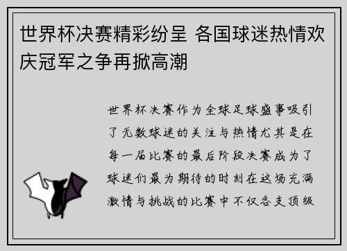 世界杯决赛精彩纷呈 各国球迷热情欢庆冠军之争再掀高潮