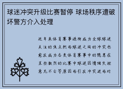 球迷冲突升级比赛暂停 球场秩序遭破坏警方介入处理